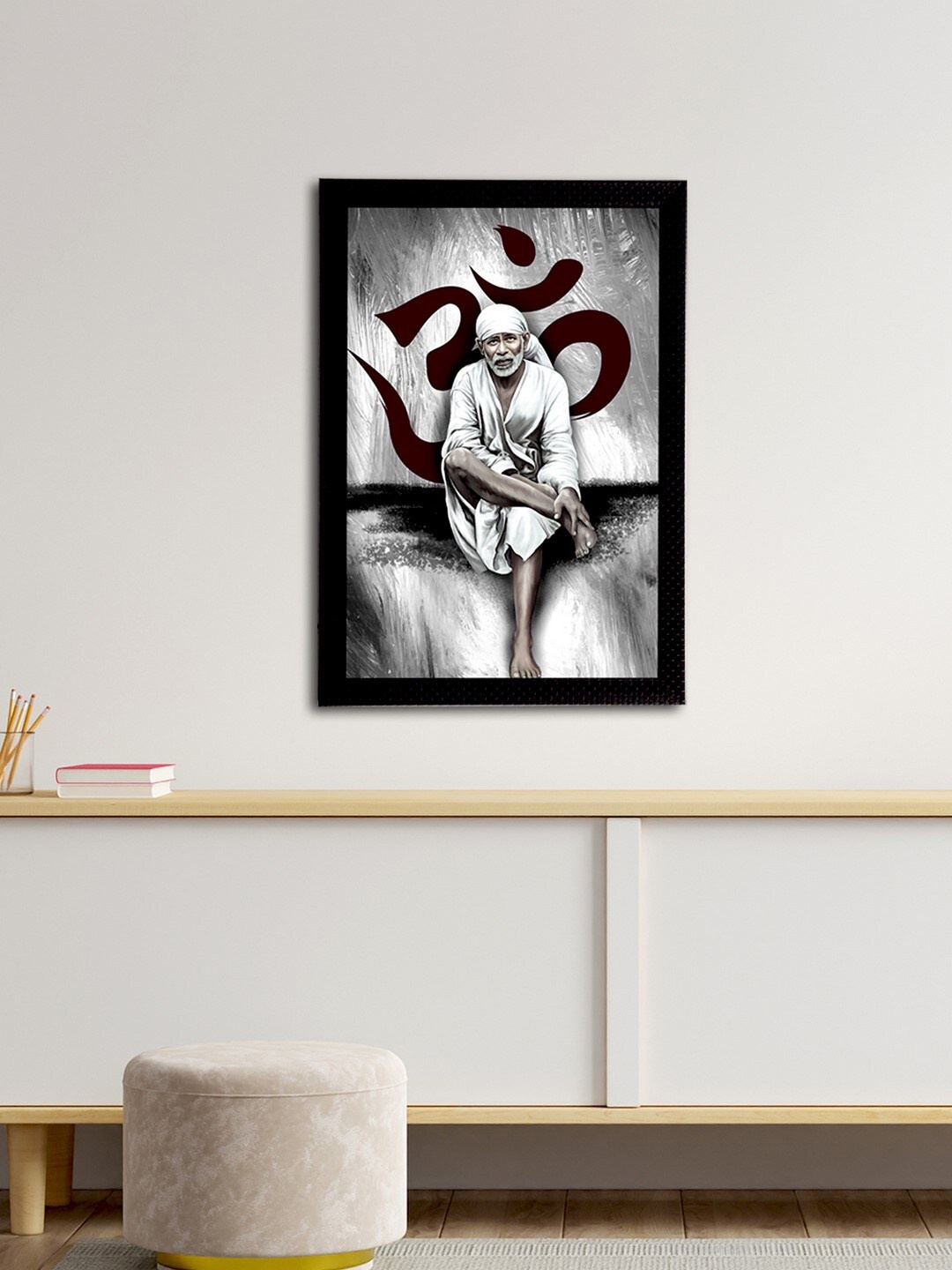 

eCraftIndia Grey & White Sai Baba Satin Matt Textured UV Wall Painting