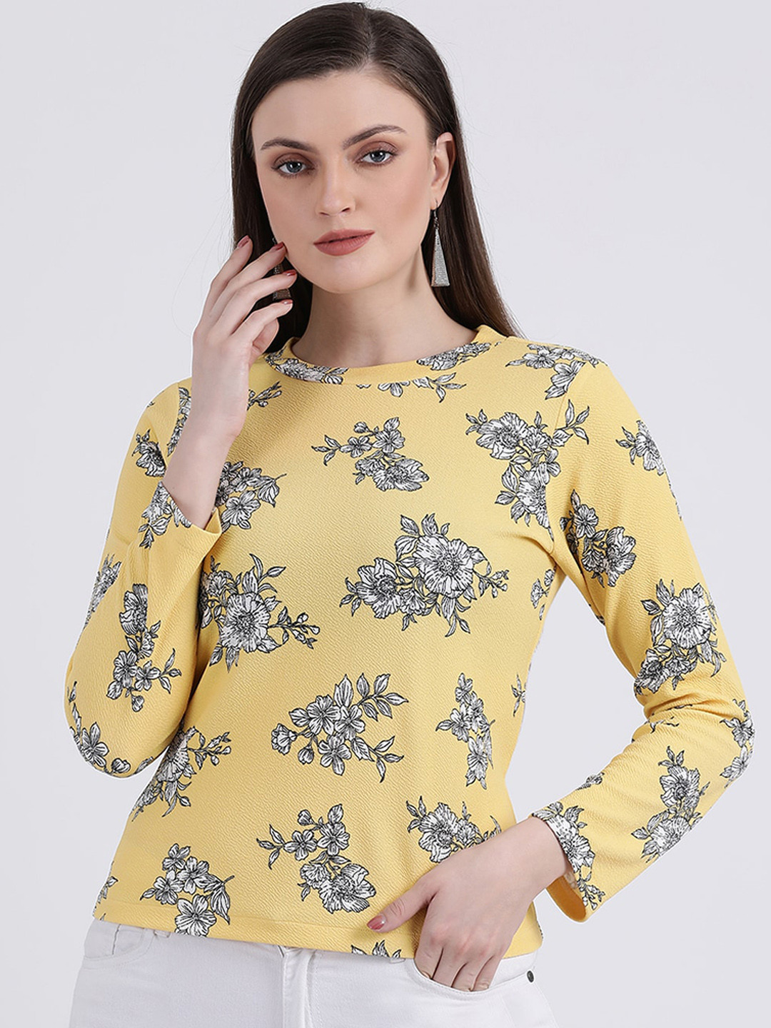 

Zink London Women Yellow & White Printed Top
