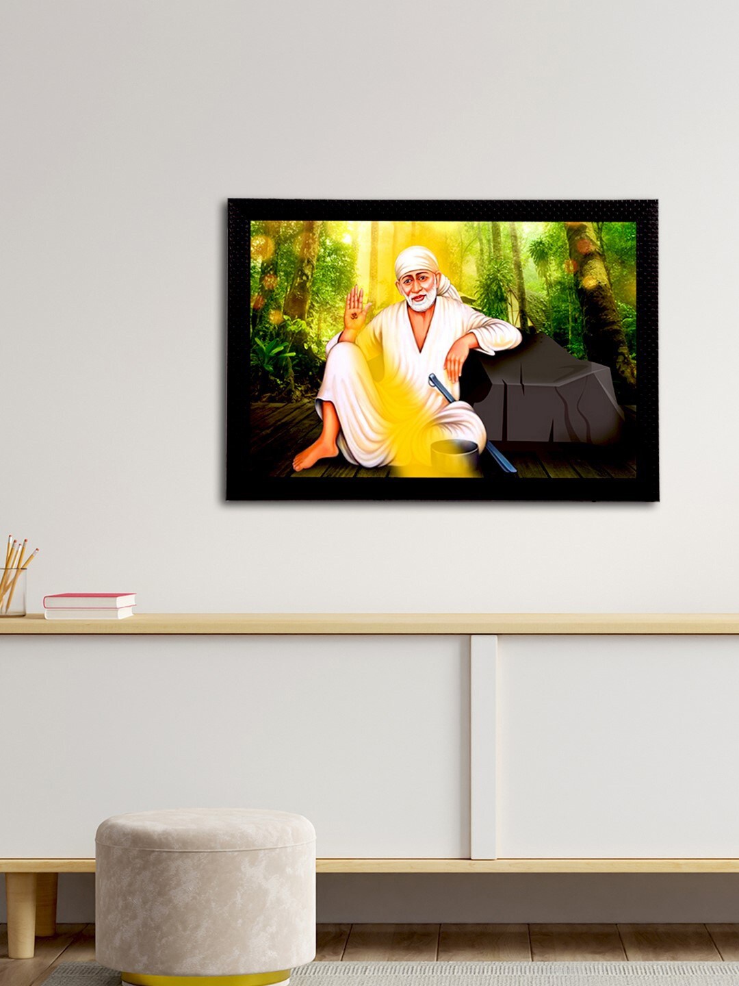 

eCraftIndia Green & White Sai Baba Satin Matt Textured UV Wall Painting