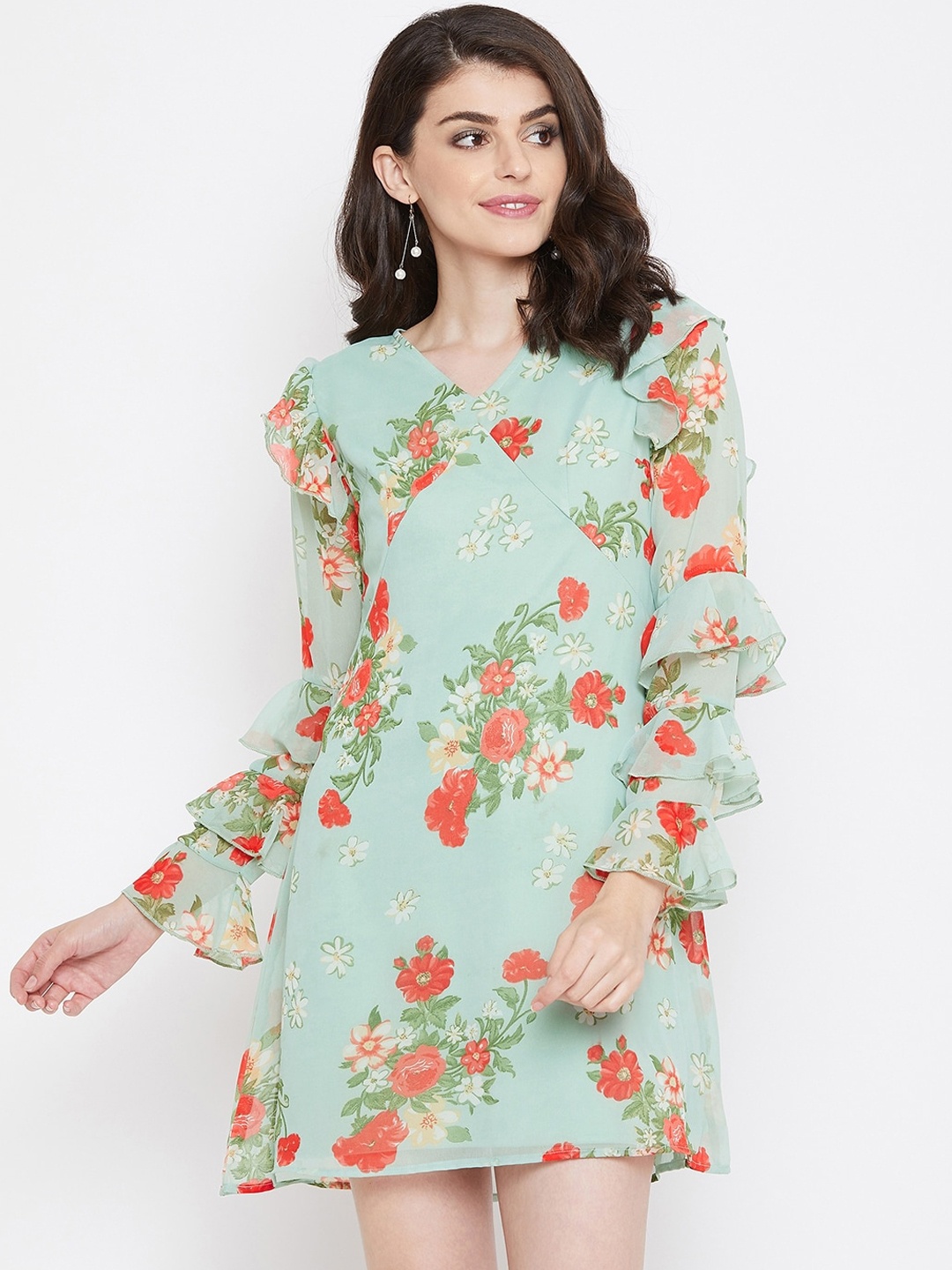 

La Zoire Women Sea Green & Red Floral Printed A-Line Dress