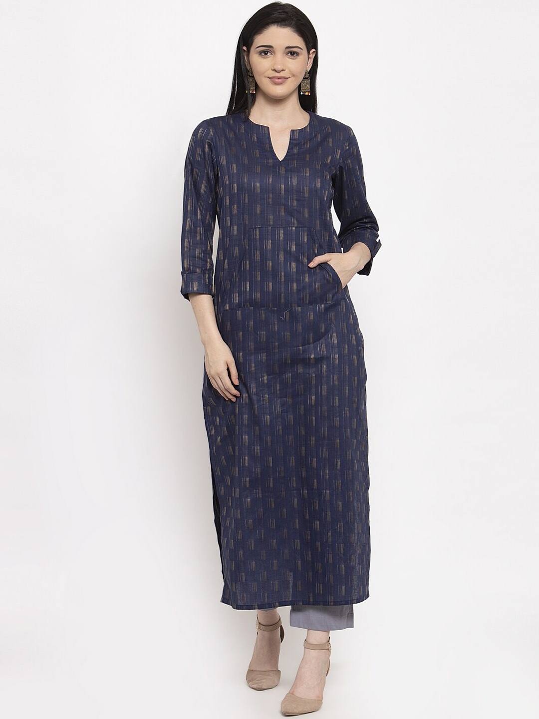 

DUGRI BE THE ONE Women Blue & Gold-Toned Printed A-Line Kurta