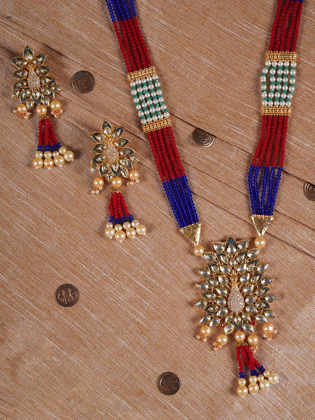 

Shoshaa Gold-Plated Red & Blue Kundan Studded Handcrafted Jewellery Set
