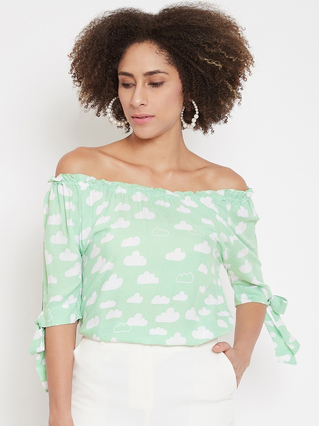 

La Zoire Women Green Printed Bardot Top