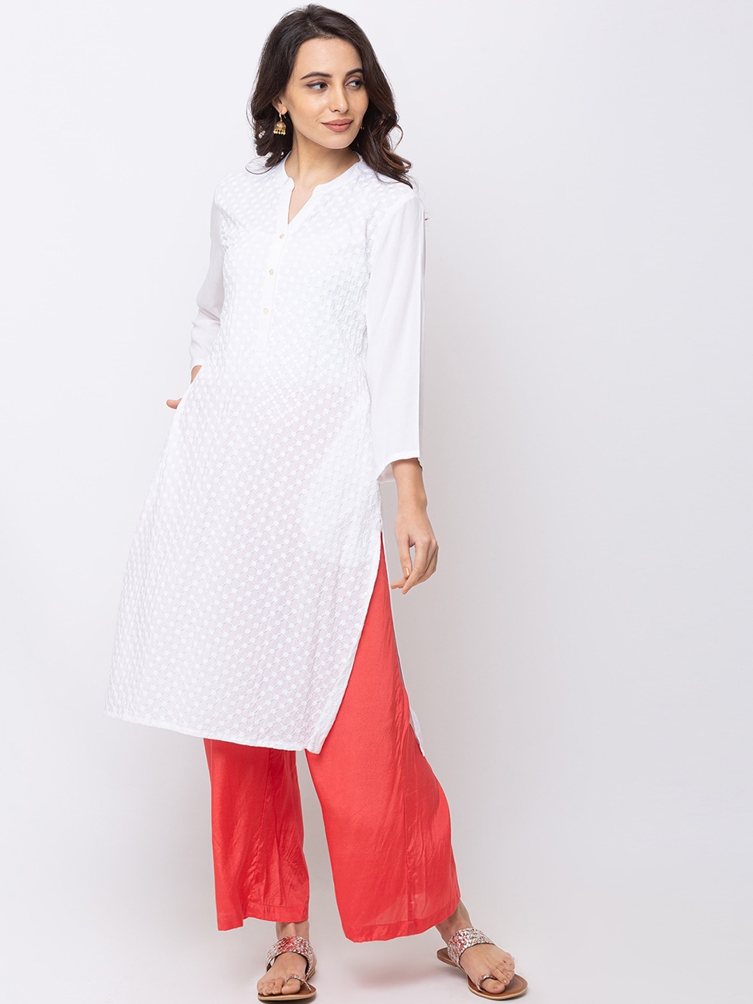 

Ethnicity Women White Embroidered Straight Kurta