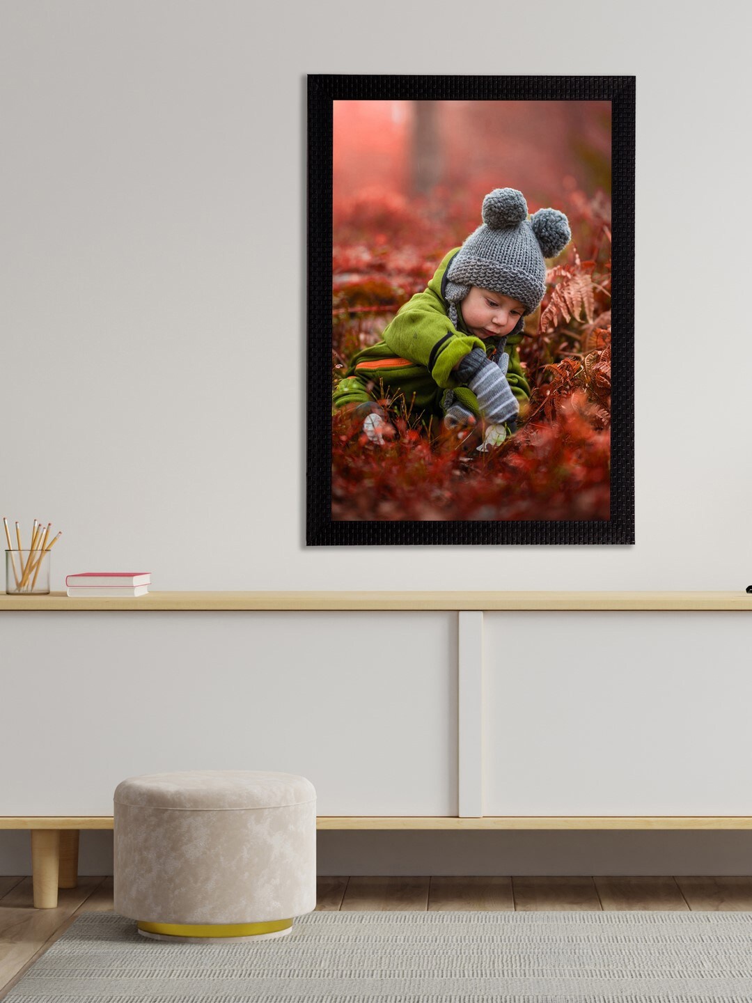 eCraftIndia Brown & Green Cute Baby Satin Matt Textured UV Wall Art