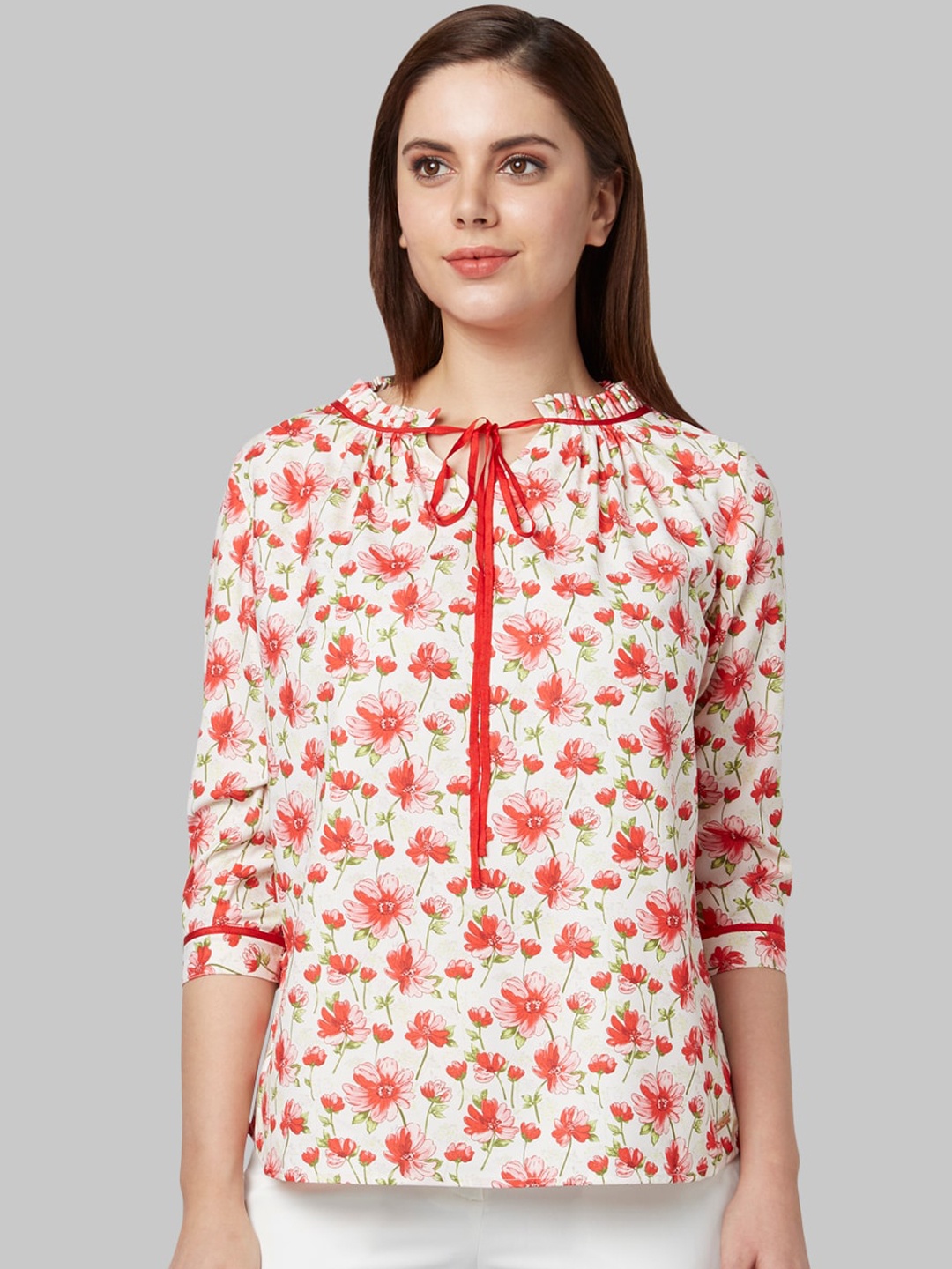 

Park Avenue Woman White & Red Floral Printed Top
