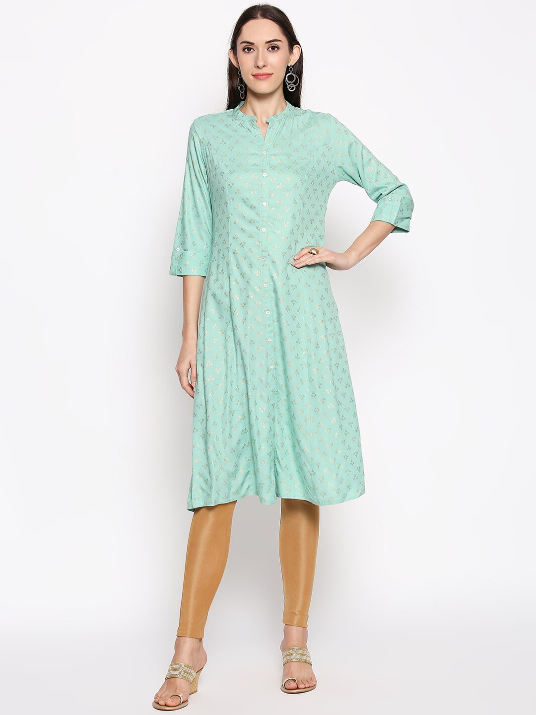 

RANGMANCH BY PANTALOONS Women Green & Silver-Coloured Woven Design A-Line Kurta