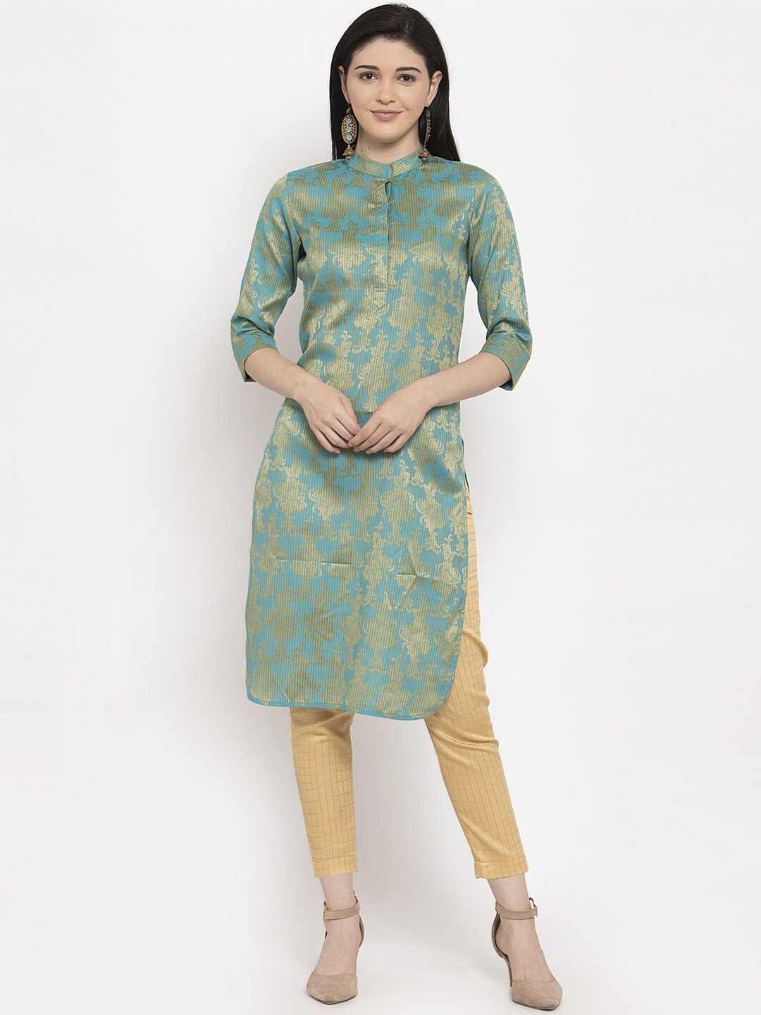 

DUGRI BE THE ONE Women Blue & Gold-Toned Printed Pure Cotton A-Line Kurti