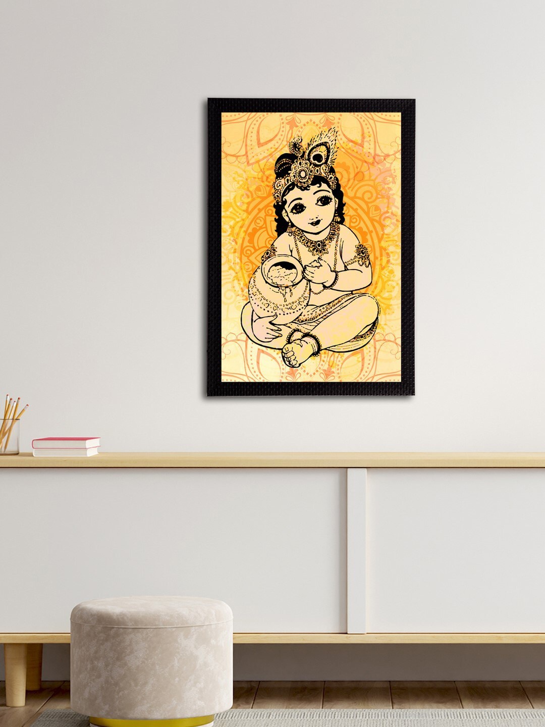 eCraftIndia Yellow & Black Lord Krishna Satin Matt Texture Framed UV Wall Art Painting