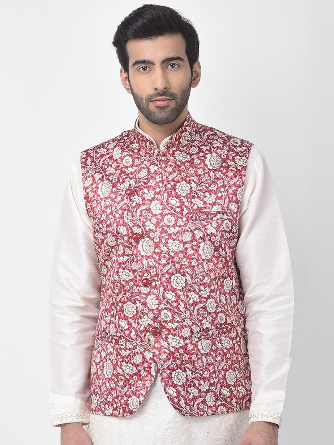

SG LEMAN Men Maroon& White Floral Printed Nehru Jacket