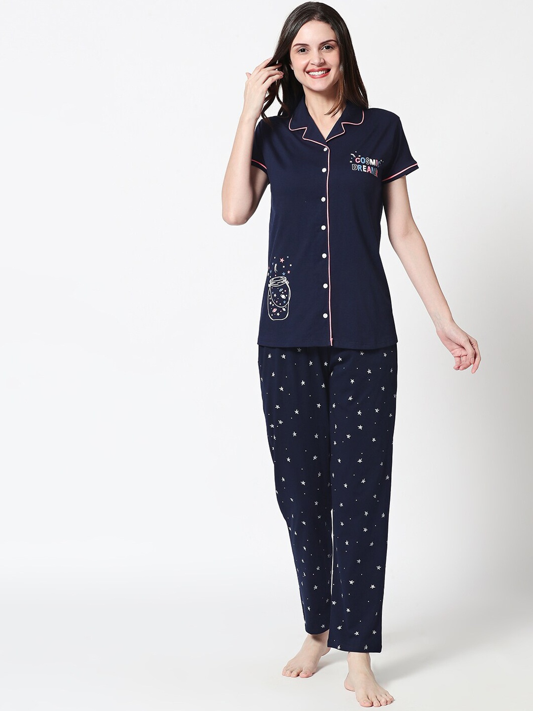 

Zeyo Women Navy Blue Printed Night suit