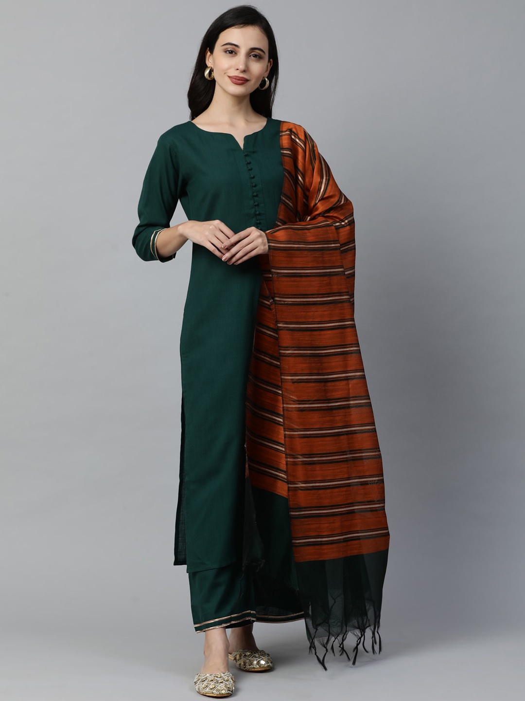 

Indo Era Women Green & Orange Yoke Design Kurta with Palazzos & Dupatta