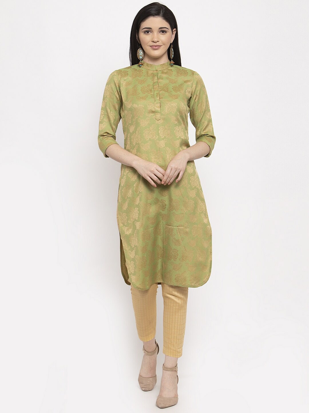 

DUGRI BE THE ONE Women Green Woven Design Straight Kurta