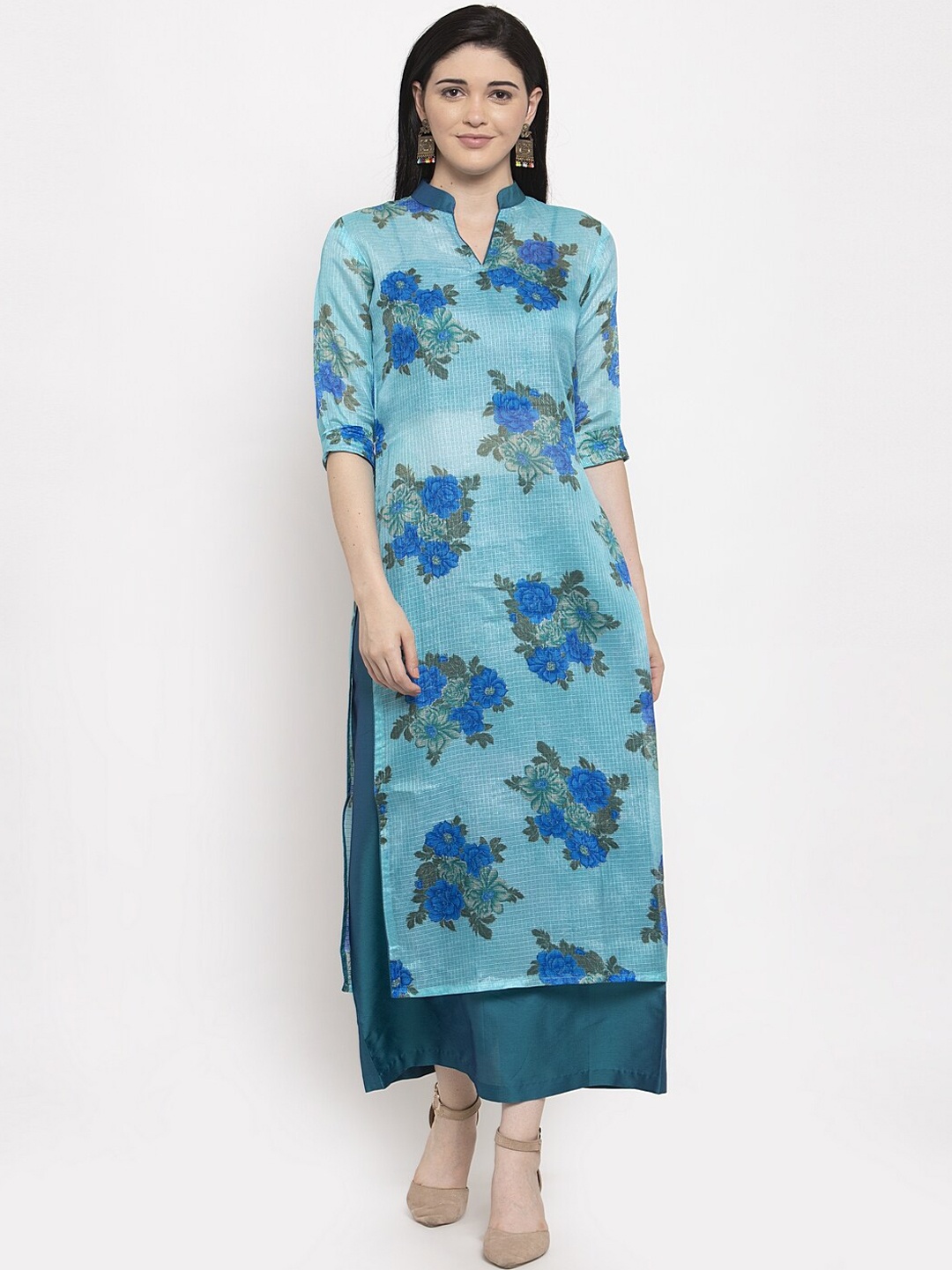 

DUGRI BE THE ONE Women Blue Floral Print Straight Kurta with Skirt