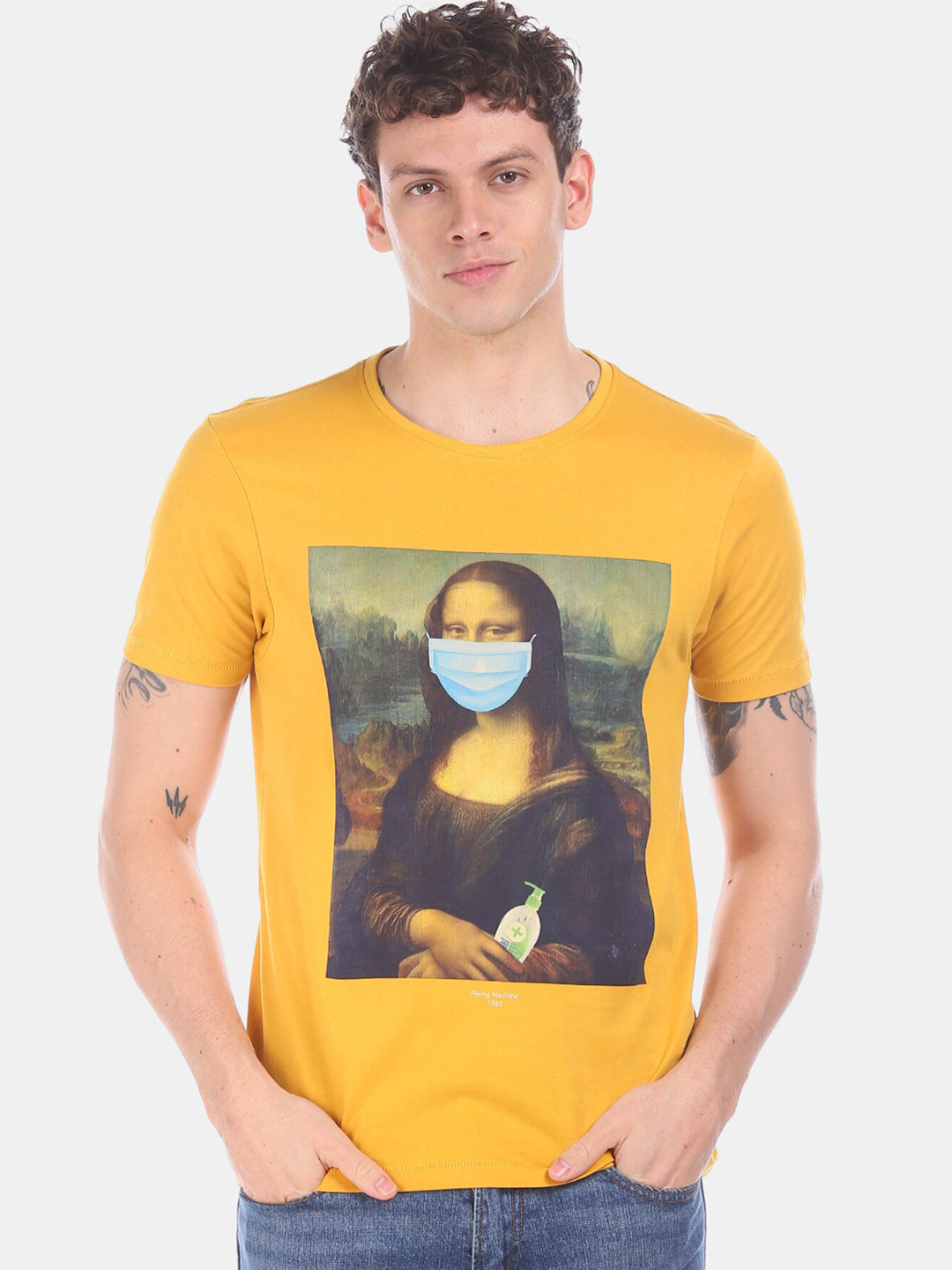 

Flying Machine Men Yellow Printed Round Neck Pure Cotton T-shirt