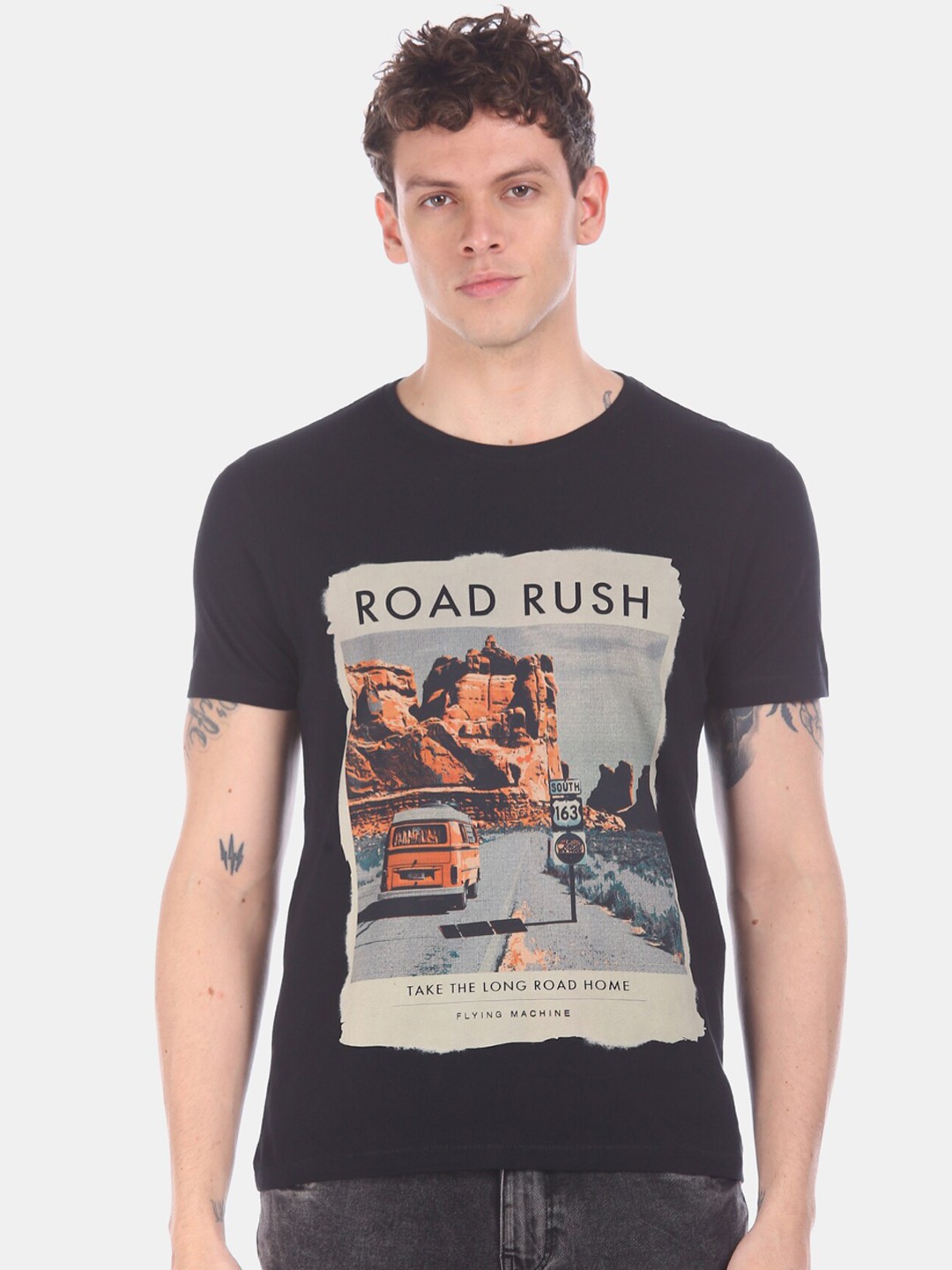 

Flying Machine Men Black Printed Round Neck T-shirt