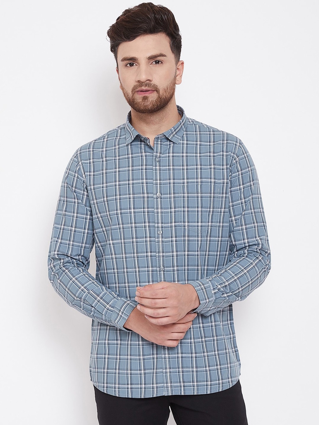 

Canary London Men Grey & Blue Slim Fit Checked Casual Shirt