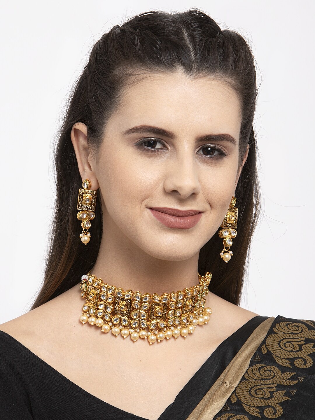 Shining Diva Women Gold-Plated Cream Kundan Studded Beaded Jewellery Set