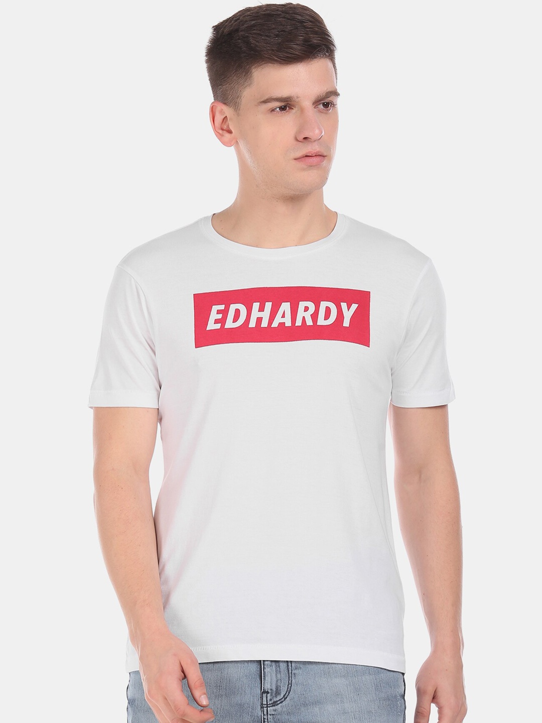 

Ed Hardy Men White Printed Round Neck Pure Cotton T-shirt