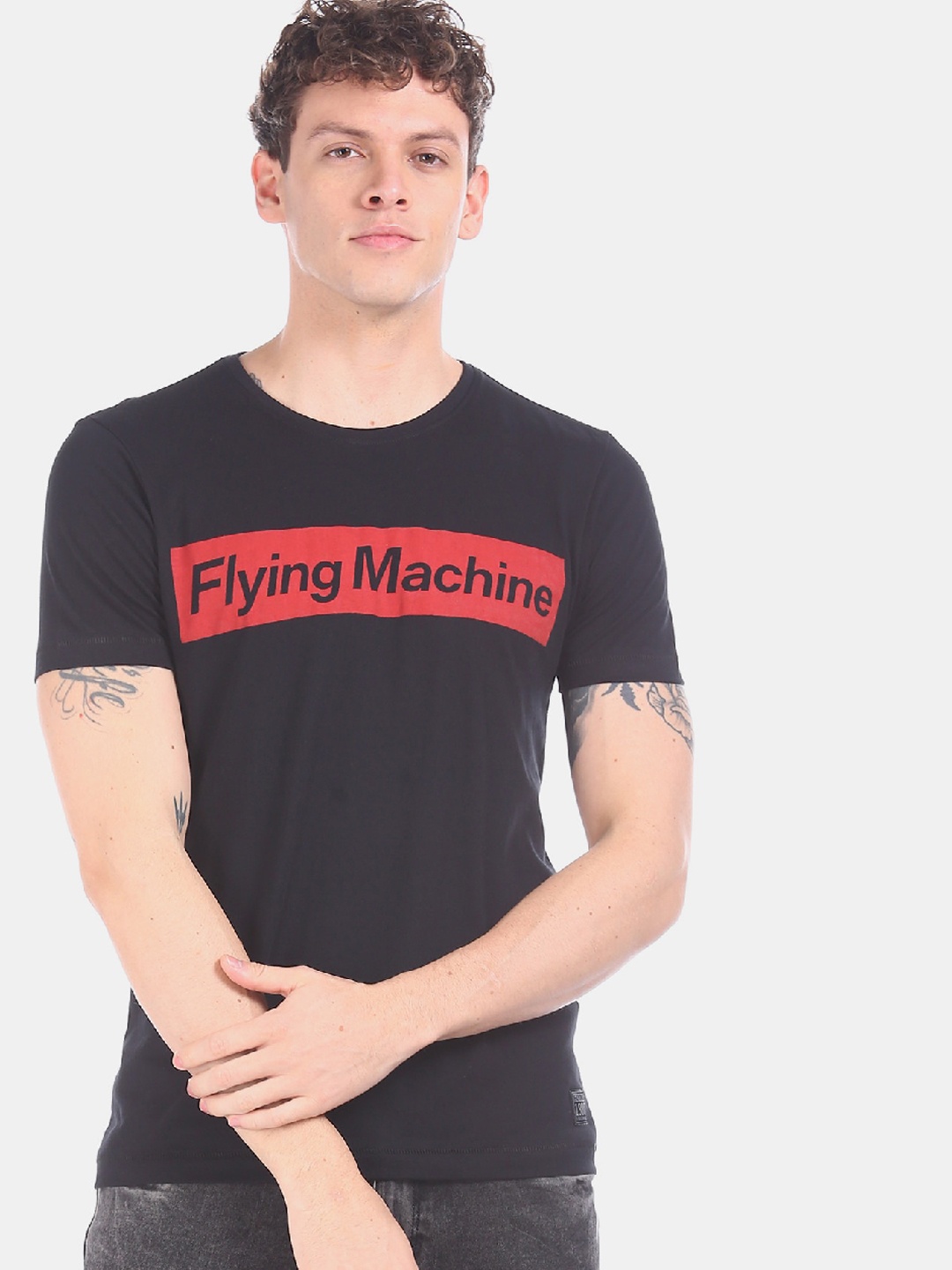 

Flying Machine Men Black Printed Round Neck Pure Cotton T-shirt