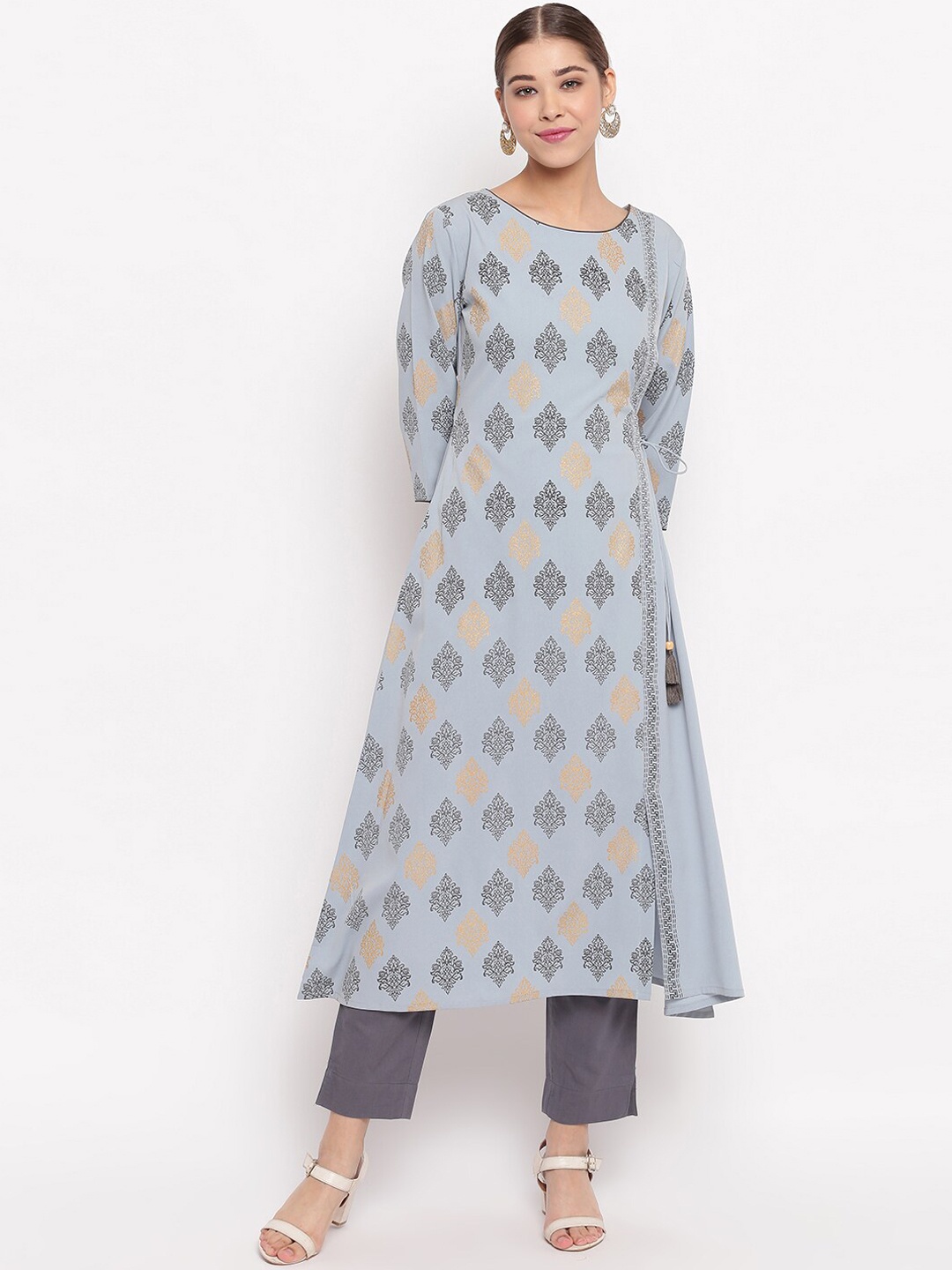

Janasya Women Blue & Grey Printed A-Line Kurta