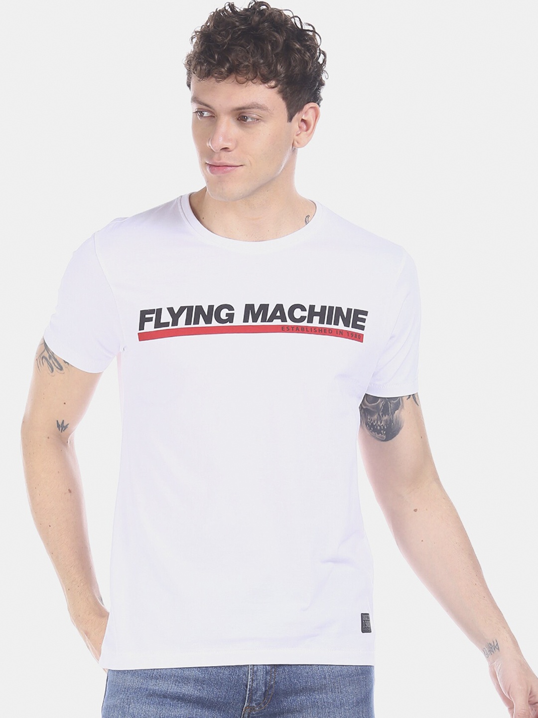 

Flying Machine Men White Black Printed Round Neck Pure Cotton T-shirt