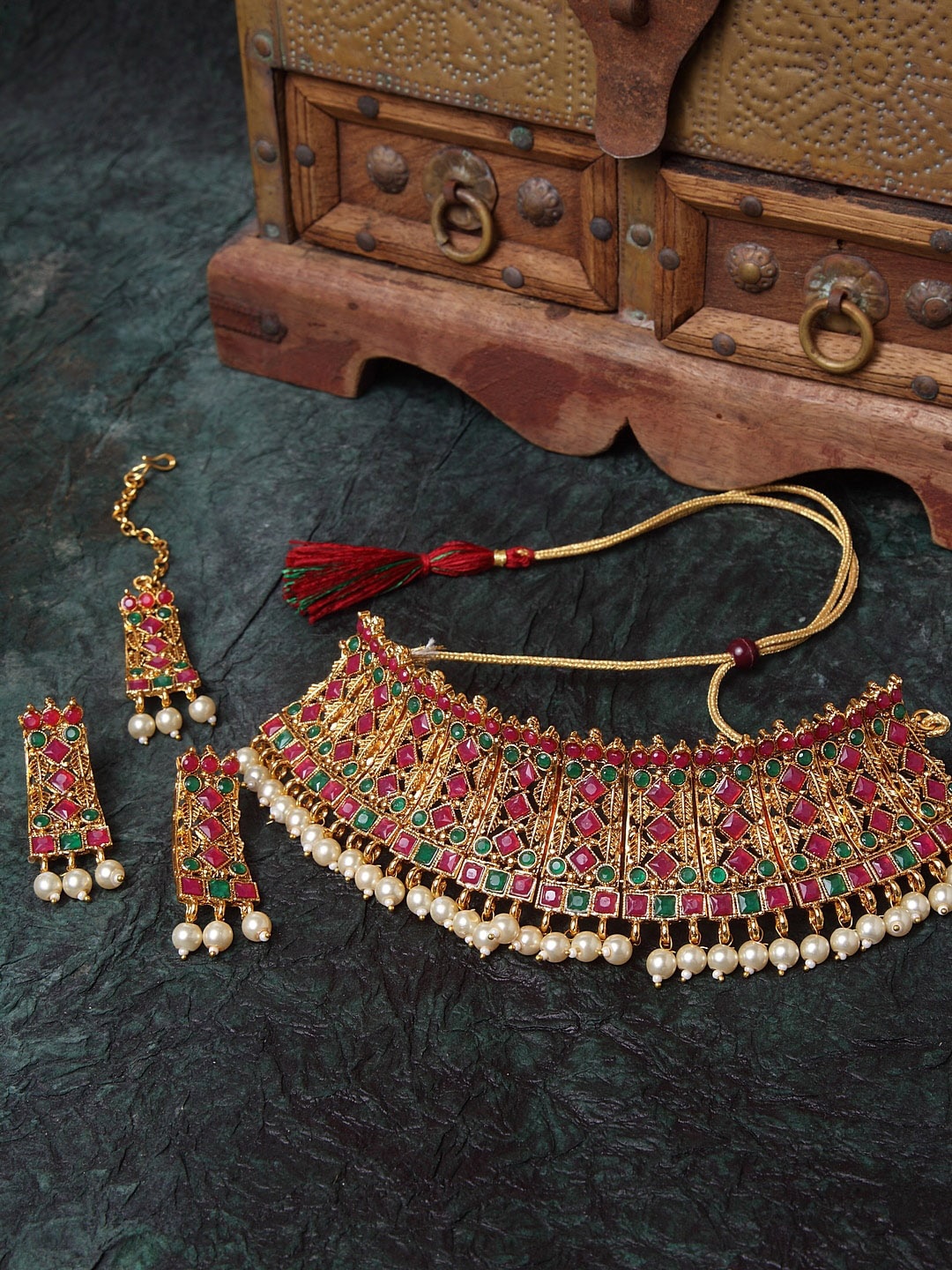 

Shining Diva Gold-Plated Red & Green Stone-Studded Antique Jewellery Set