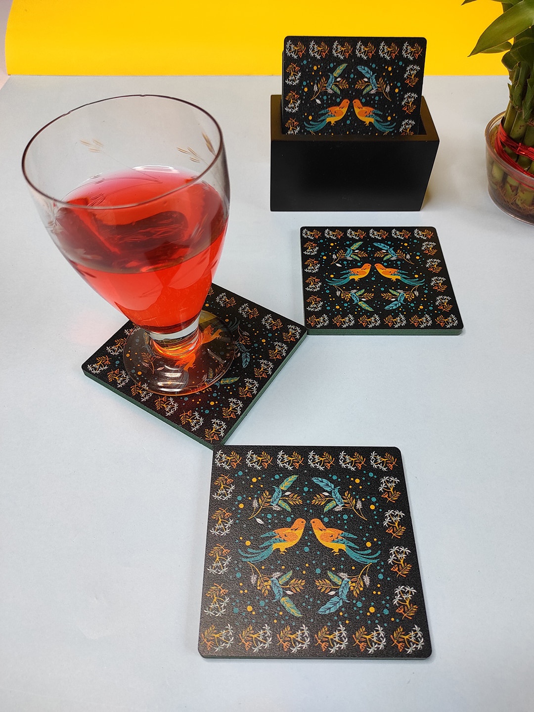

CRAYTON Set Of 6 Black & Blue Bird Print Square Wooden Coasters With Holder