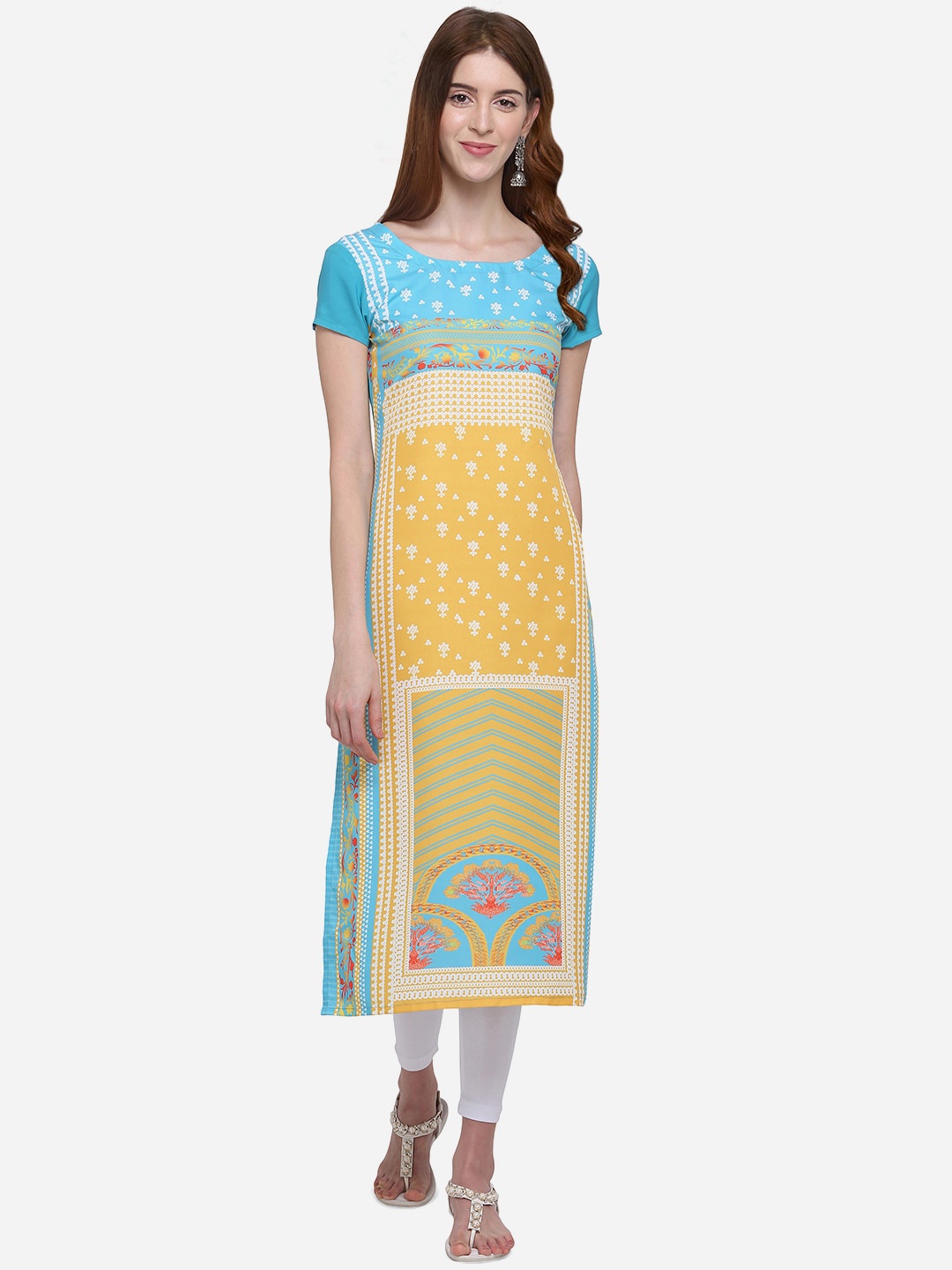 

Kvsfab Women Yellow & Blue Printed Straight Kurta
