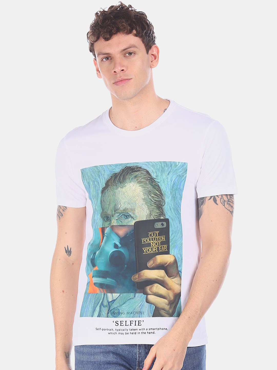 

Flying Machine Men White Printed Round Neck T-shirt