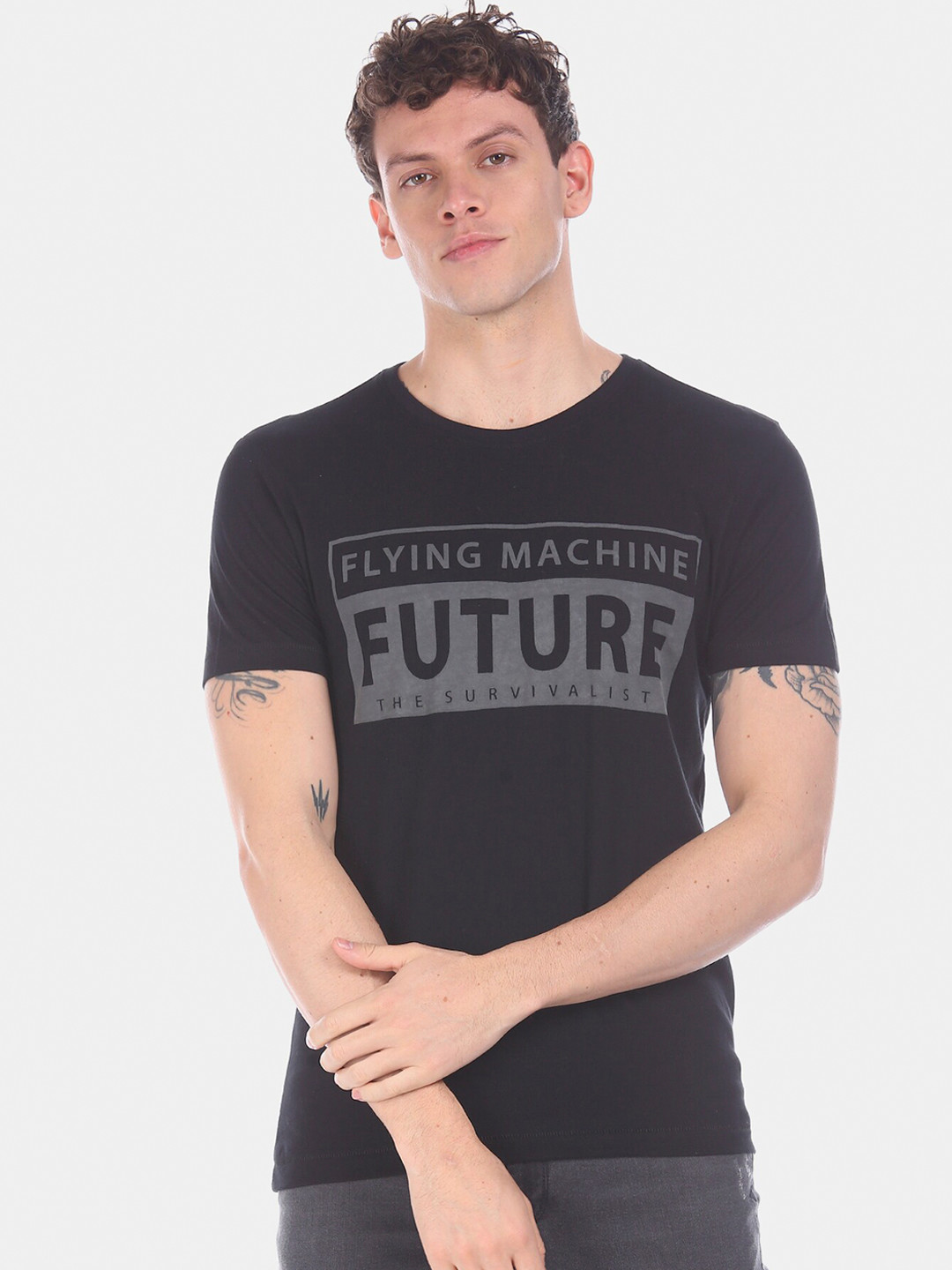 

Flying Machine Men Black Printed Round Neck Pure Cotton T-shirt