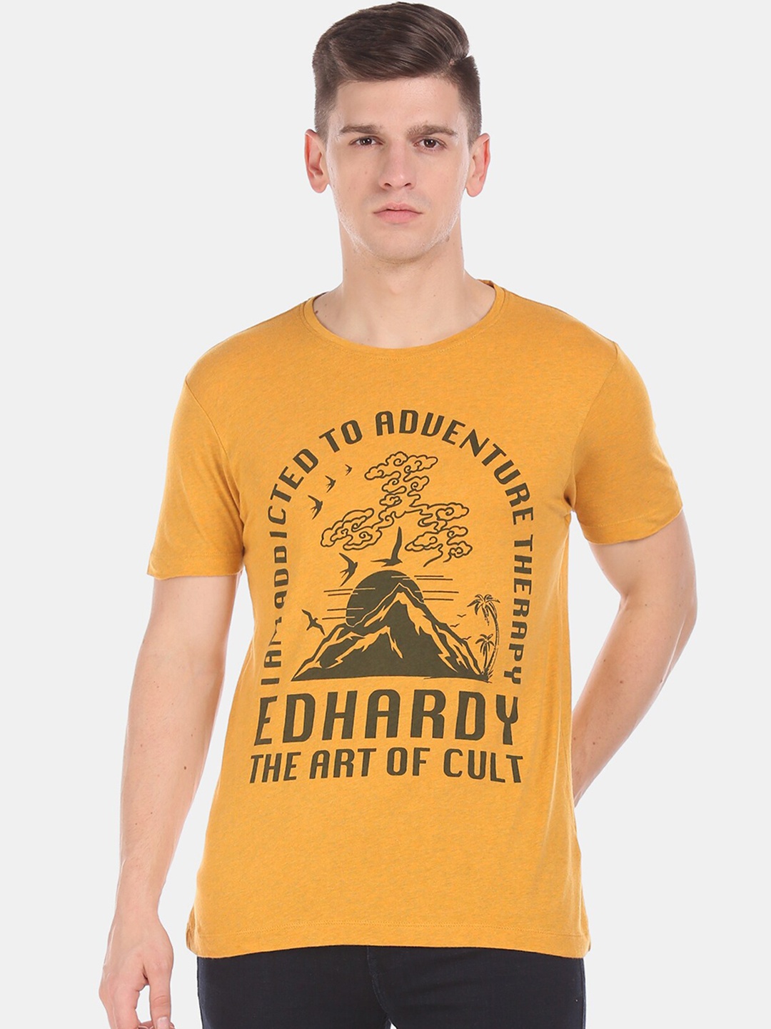 

Ed Hardy Men Yellow & Grey Brand Logo Printed Round Neck T-shirt