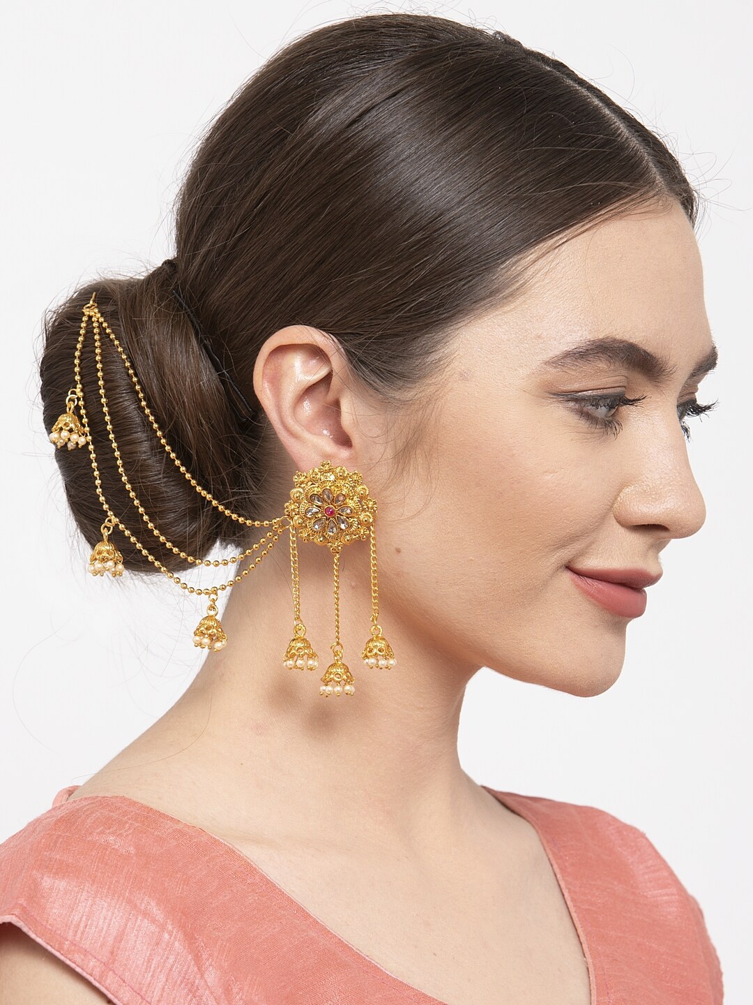 

Shining Diva Gold-Plated Classic Drop Earrings With Ear Chain