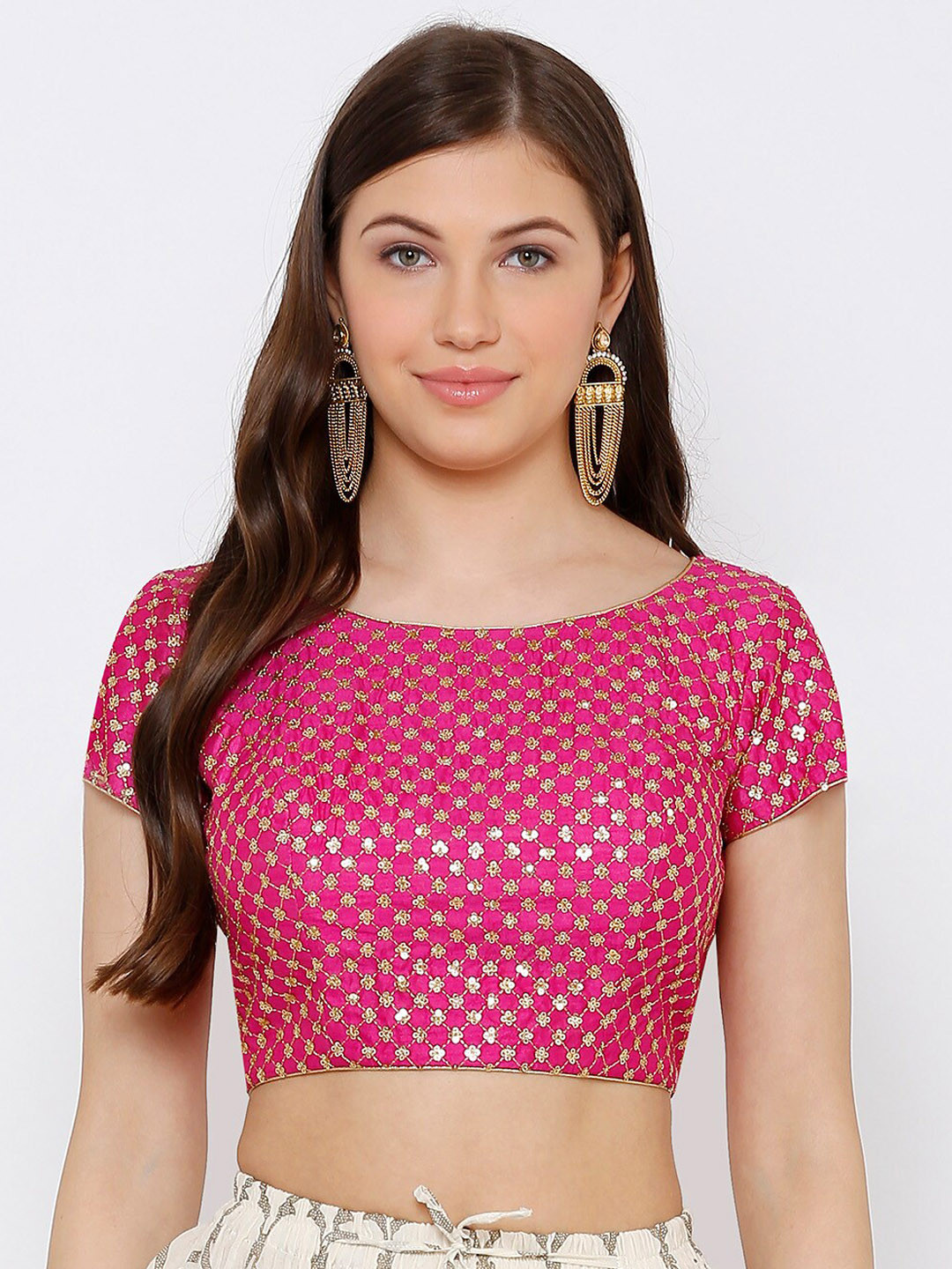 

SALWAR STUDIO Women Pink Sequinned Zari Embroidered Silk Blend Ready Made Saree Blouse