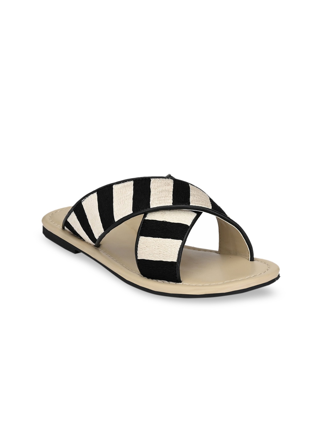

AADY AUSTIN Women Black & Off-White Striped Open Toe Flats