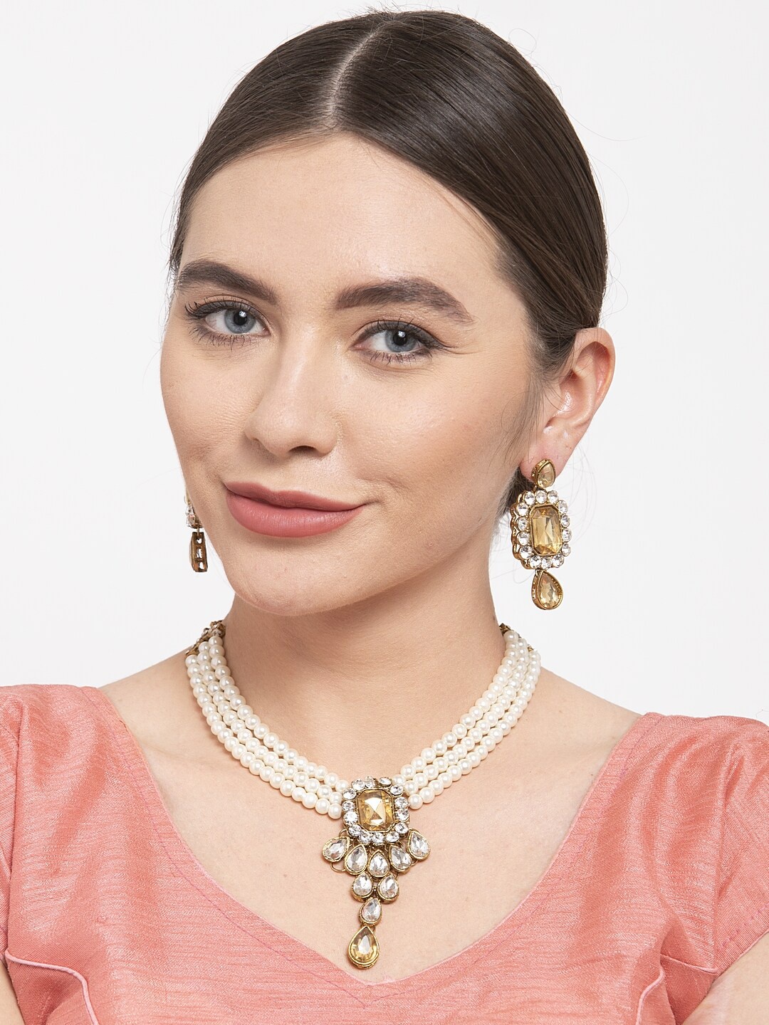 

Shining Diva Gold-Plated & White Kundan-Studded Pearl-Beaded Antique Jewellery Set