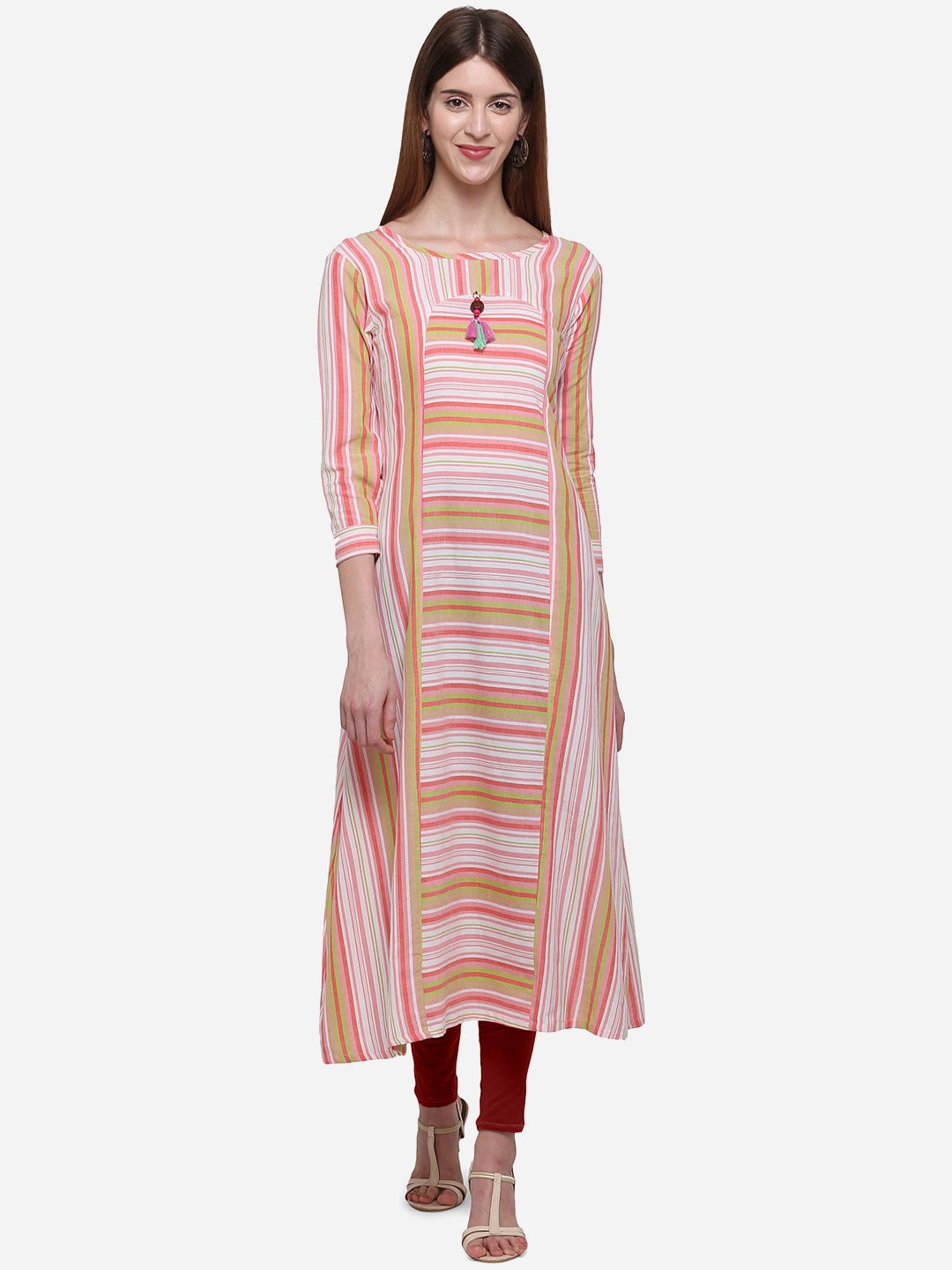 

Kvsfab Women Peach-Coloured & Pink Striped A-Line Kurta