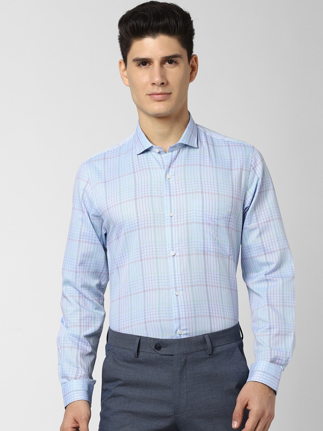 Peter England Men Blue Slim Fit Checked Formal Shirt