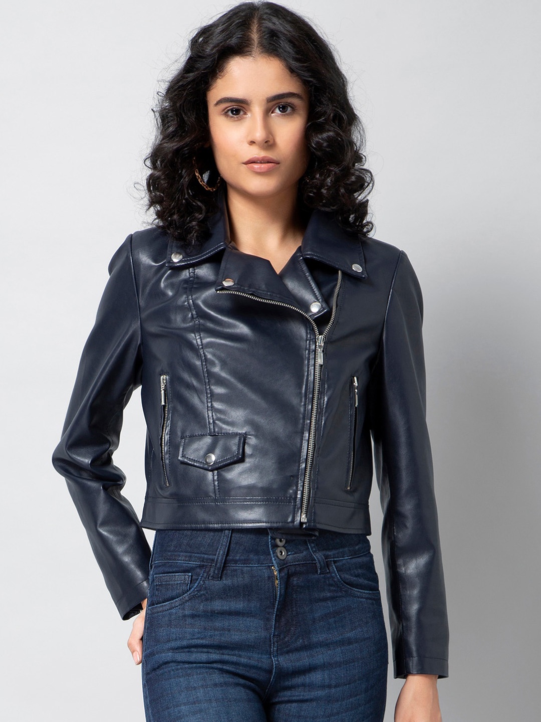 

FabAlley Women Navy Blue Solid Lightweight Biker Jacket