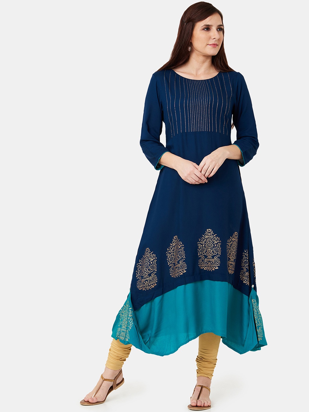 

IMARA Women Navy Blue & Gold Printed Anarkali Kurta