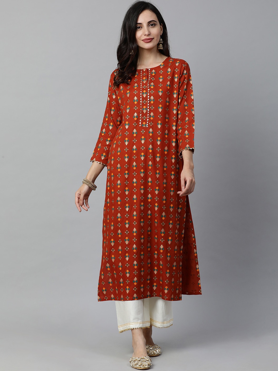 Indo Era Women Rust Orange Printed A-Line Kurta