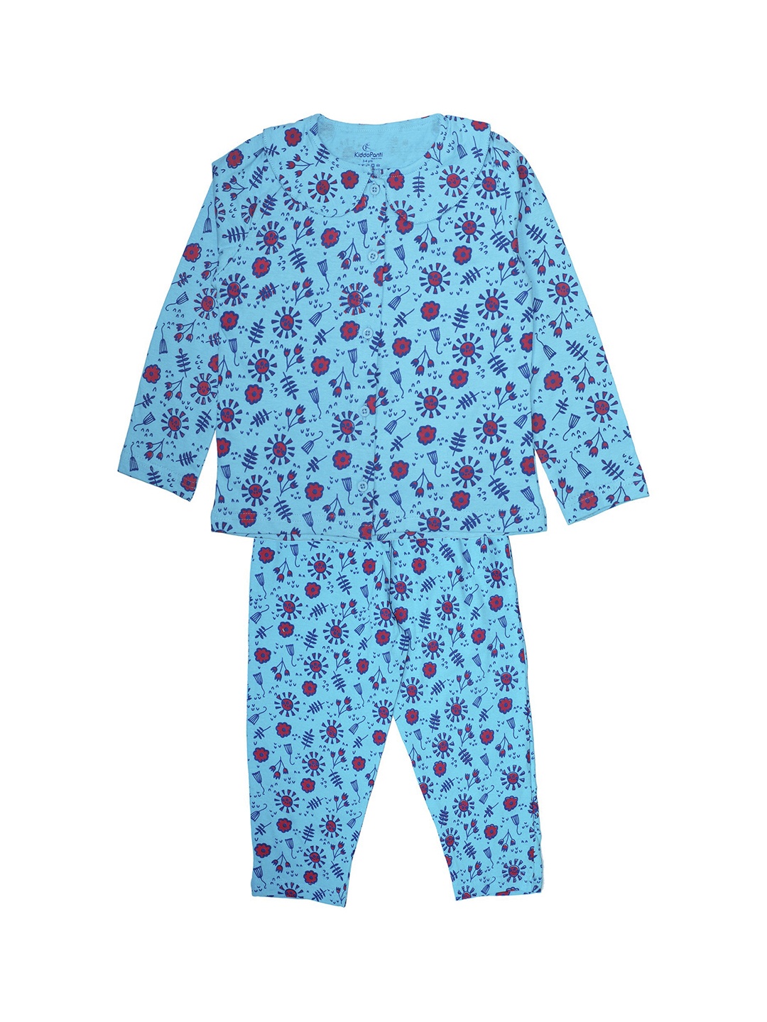 KiddoPanti Girls Blue & Red Printed Night suit