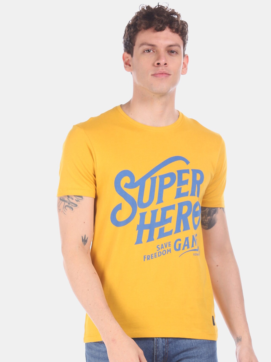 

Flying Machine Men Yellow & Blue Printed Round Neck T-shirt