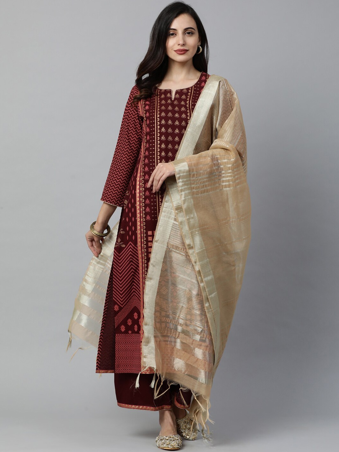 

Indo Era Women Maroon & Gold Printed Kurta with Palazzos & Dupatta