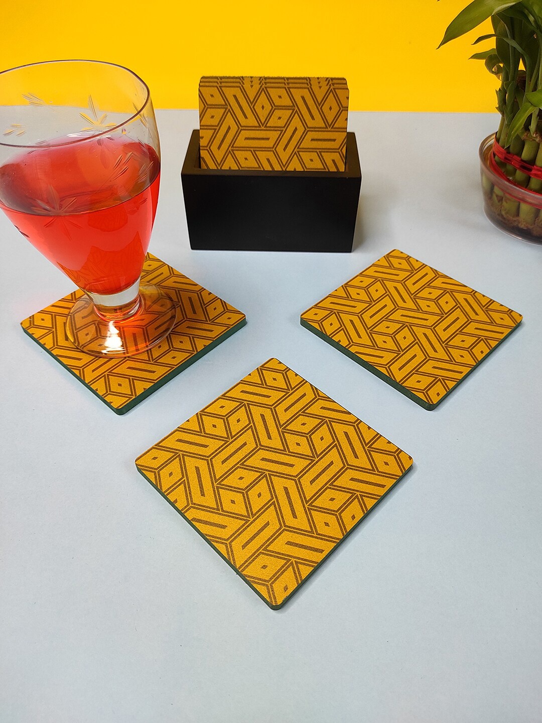 

CRAYTON Set Of 6 Black & Yellow Abstract Print Square Wooden Coasters With Holder