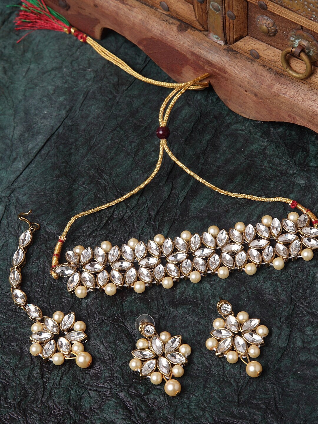 

Shining Diva Gold-Plated White & Cream-Coloured Kundan Studded Beaded Antique Jewellery Set