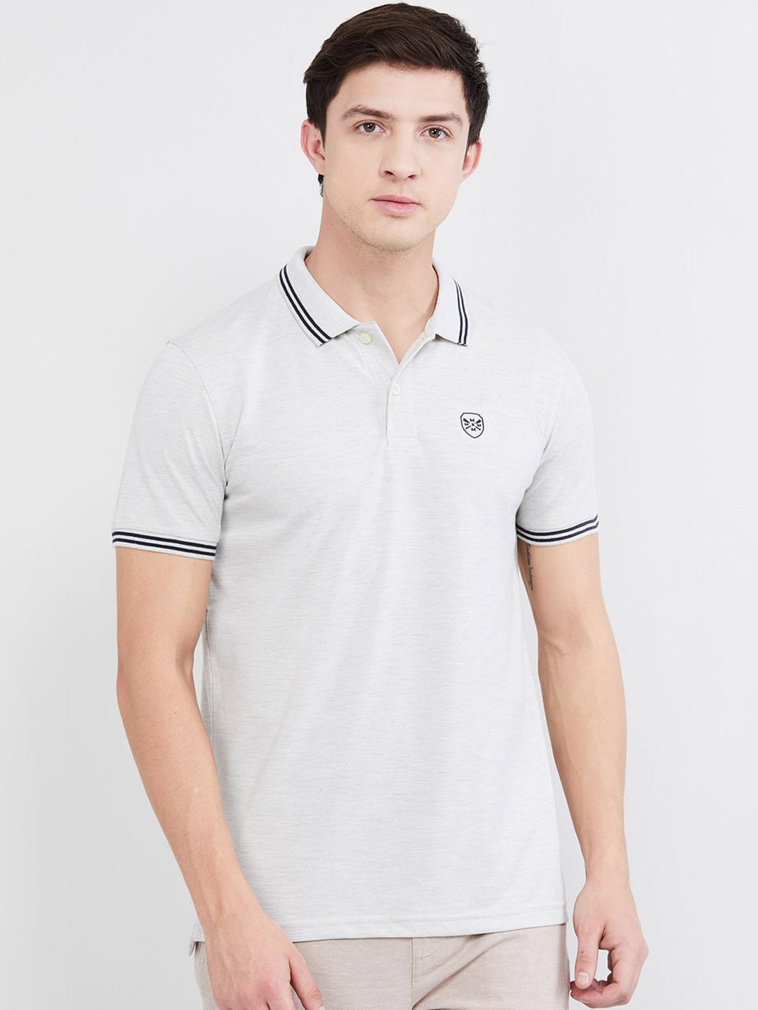 

max Men Grey Melange Solid Polo Collar Pure Cotton T-shirt