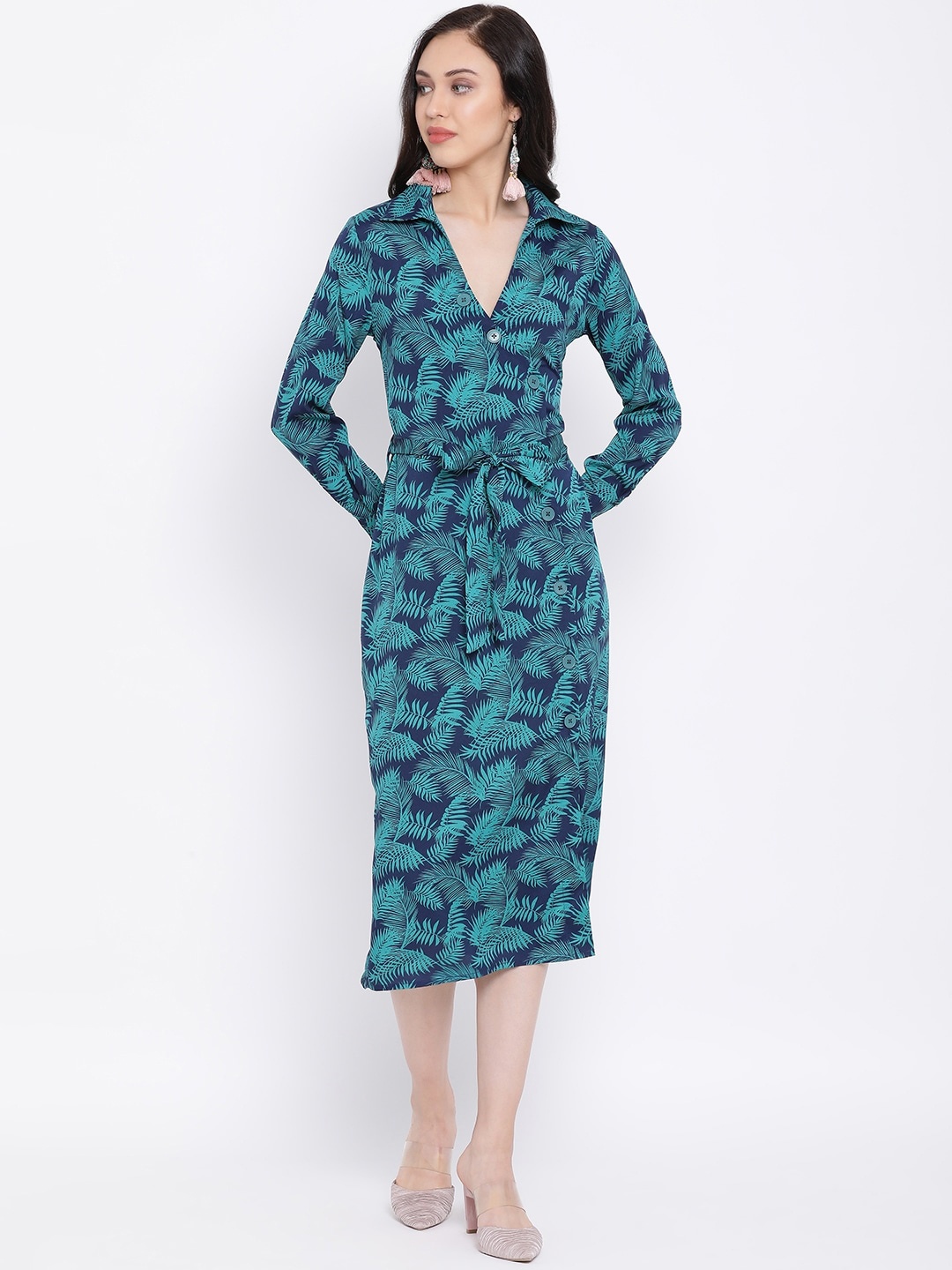 

Oxolloxo Women Turquoise Blue Floral Printed Wrap Dress
