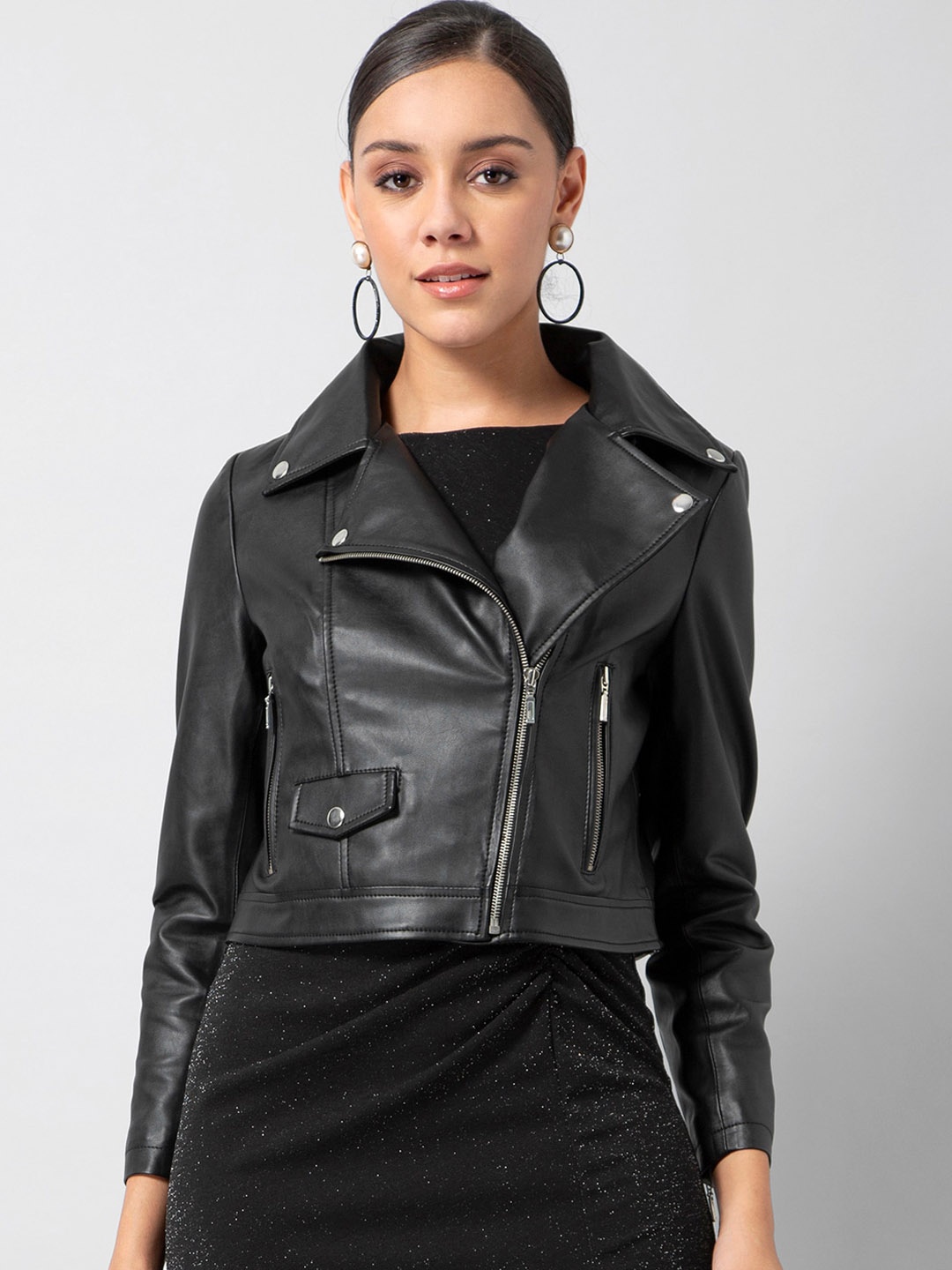 

FabAlley Women Black Solid Lightweight Leather Biker Jacket