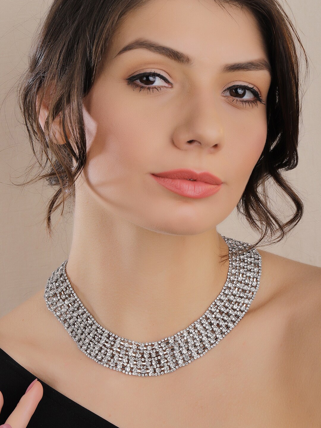 

Rubans Silver Toned Handcrafted Rhinestone Necklace